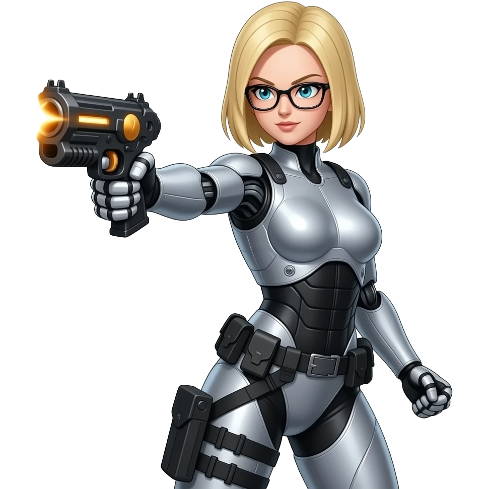blonde shoulder length haired female android 21 from dragon ball fighterz are wear black glasses with defense general dress have shoot with cannon target on enemy emoji