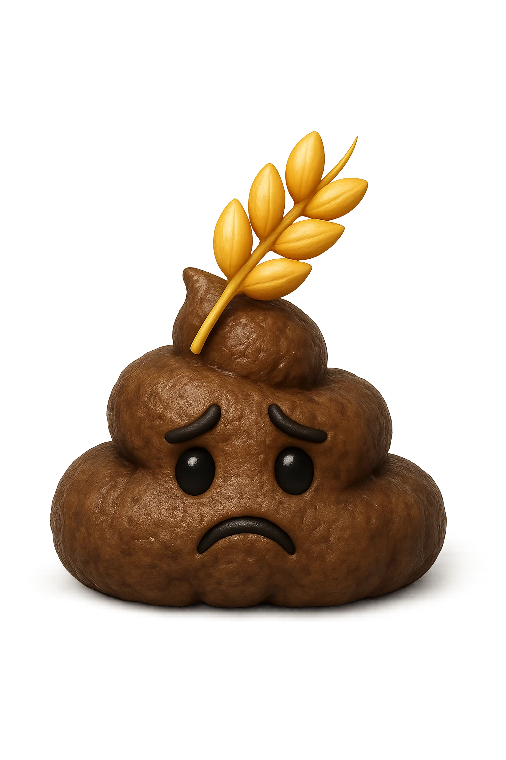 emoji stile iphone di una montagnetta di feci umane realistiche a palline tristi con sopra un simbolo del grano, iperrealistico 4k emoji