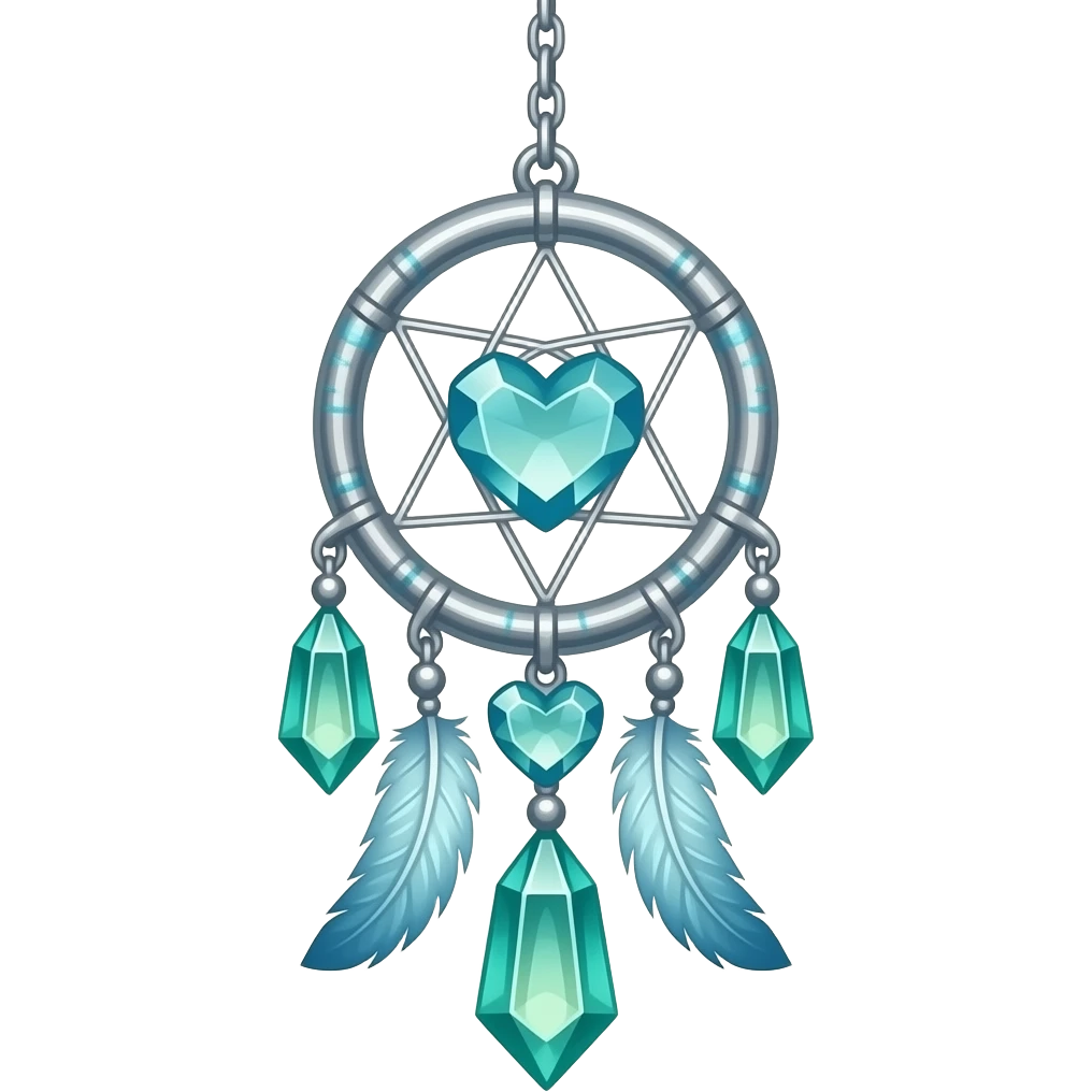 Blue-lime-greenish and silver cold-cool-colored romantic lush beautiful pretty hanging crystal-catcher aesthetic with hearts and sparkles and feathers emoji