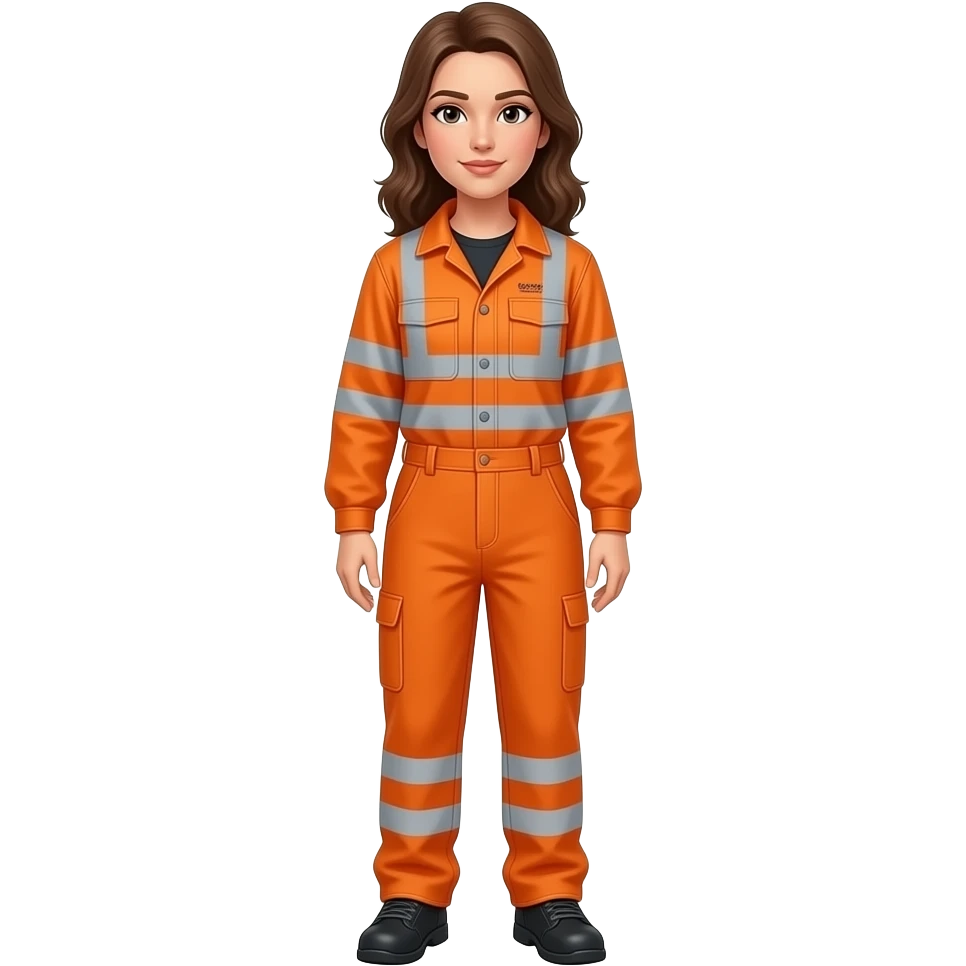 woman, standing in full orange hi-vis overalls with sleeves, looking down emoji