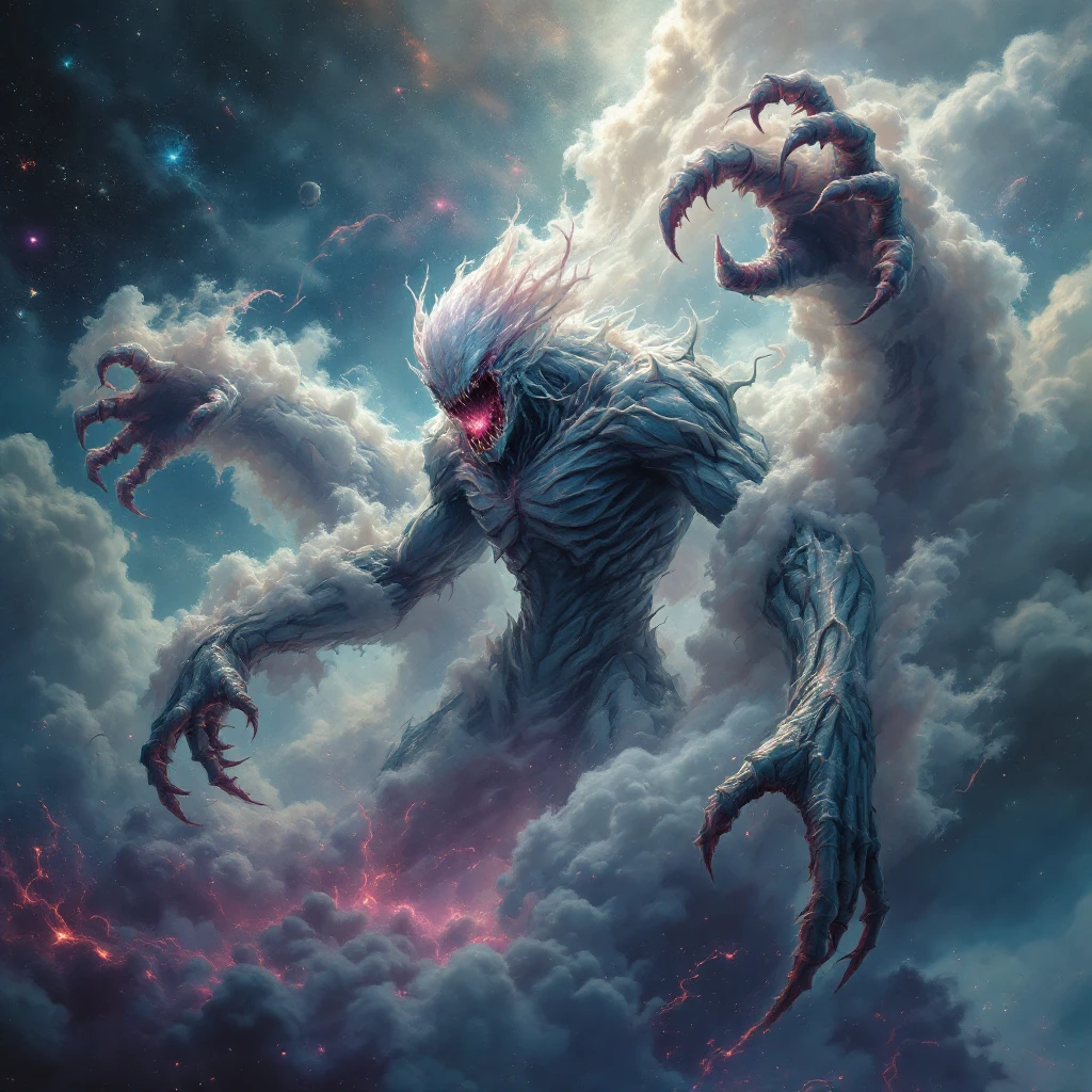 Make the creature's arms much longer with a dramatic cosmic horror theme, swirling clouds around it, in flux pro style, no background. emoji