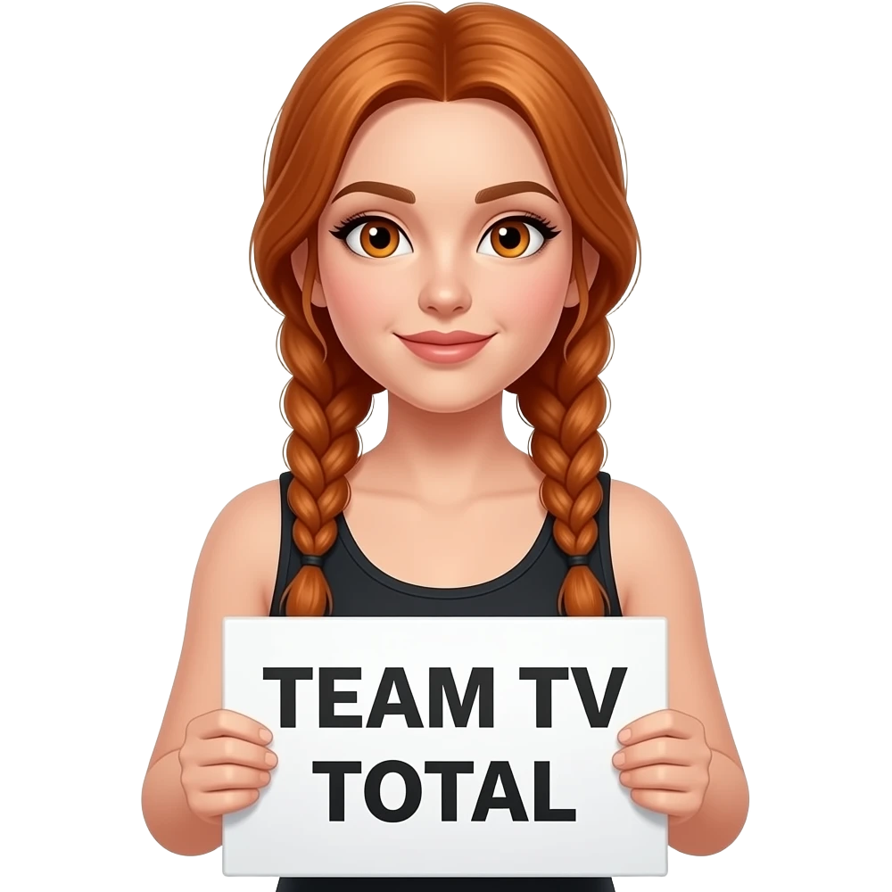 sexy girl with long ginger braids and ginger eyes wearing a black tanktop is holding a white sign with TEAM TV TOTAL written on it emoji