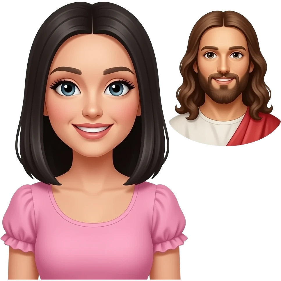 Gere um emoj de uma linda moça de pele clara,cabelo médio na altura do ombro,,liso,preto, sorrindo. Ela possui cilios grandes com extensao de cilios, a moça veste uma camiseta com mangas curtas bufantes, na cor rosa choque. A moça esta acaompanhada de Jesus, ambos estao sorrindo emoji