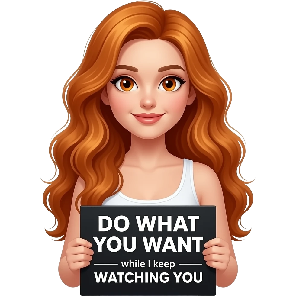 sexy girl with long wavy ginger hair and ginger eyes wearing a white tanktop is holding a black colored sign with DO WHAT YOU WANT while I keep WATCHING YOU written on it emoji