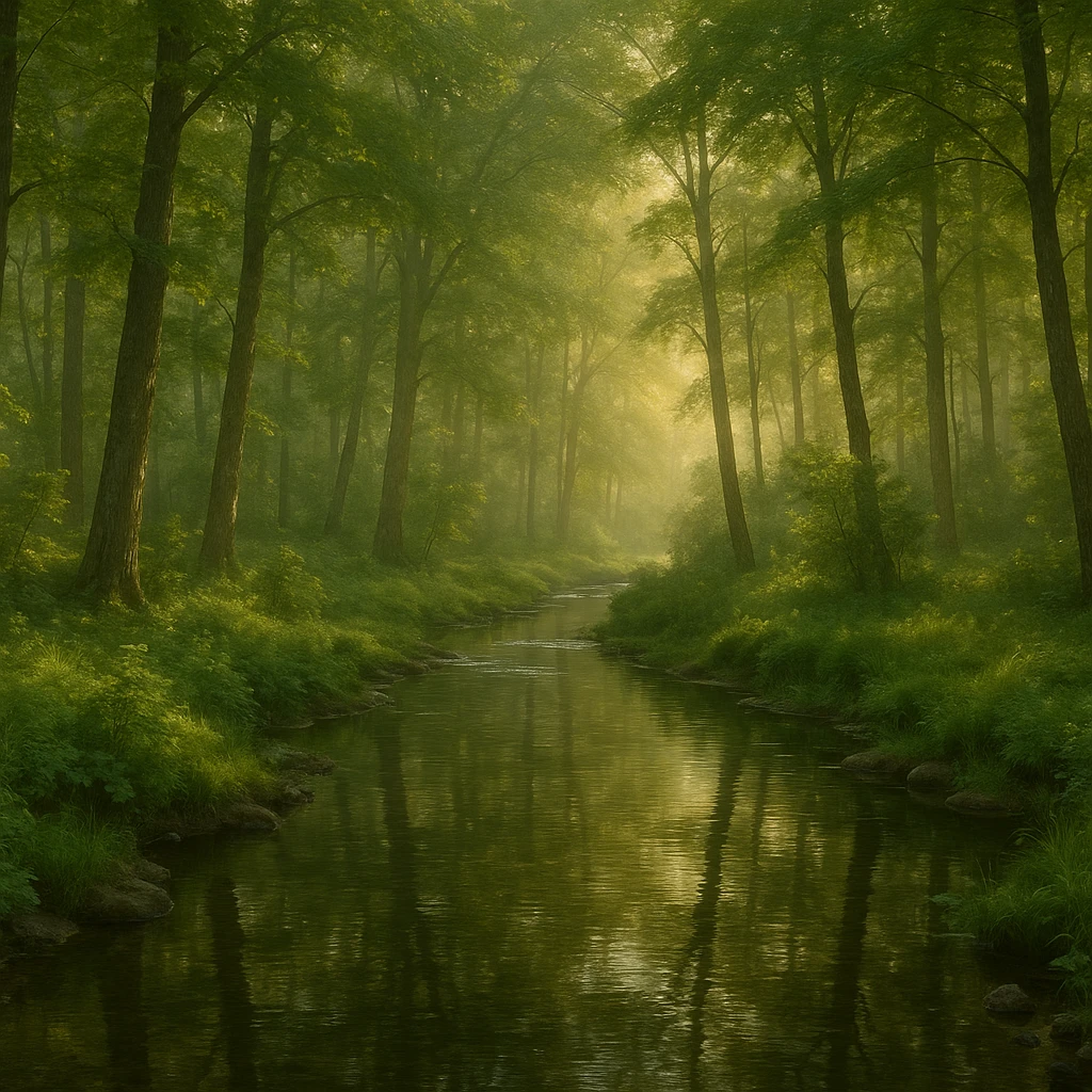 realistic 1920x1080 forest landscape in early morning, dense trees, clear stream winding through foreground, soft golden morning light, lush greenery, detailed water reflections, gentle mist, no wildlife emoji