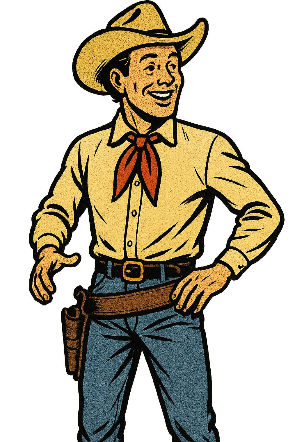 The full body of a happy young American West cowboy from the 1870s wearing a neck tie, cowboy hat and gun holster emoji