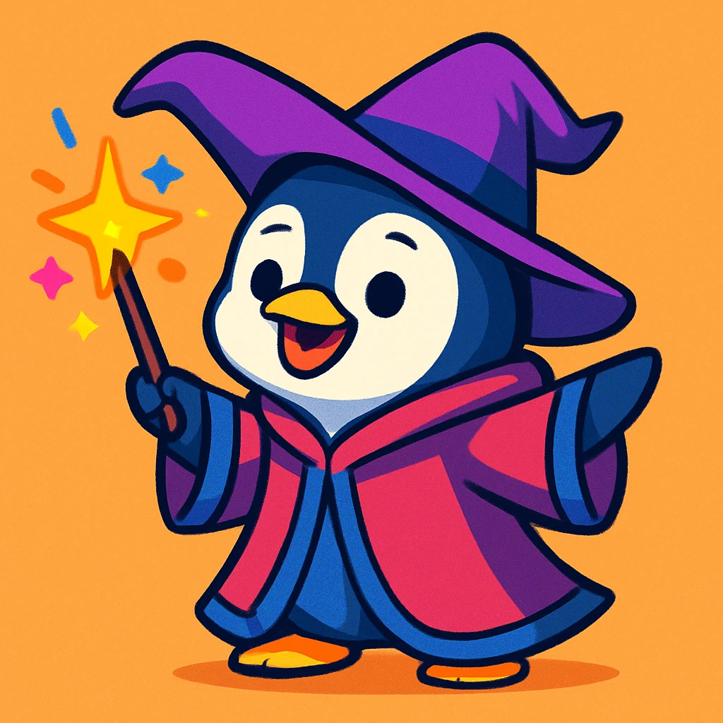 cute penguin wizard casting a spell, wearing robe, holding wand, cartoon style, colorful and friendly emoji