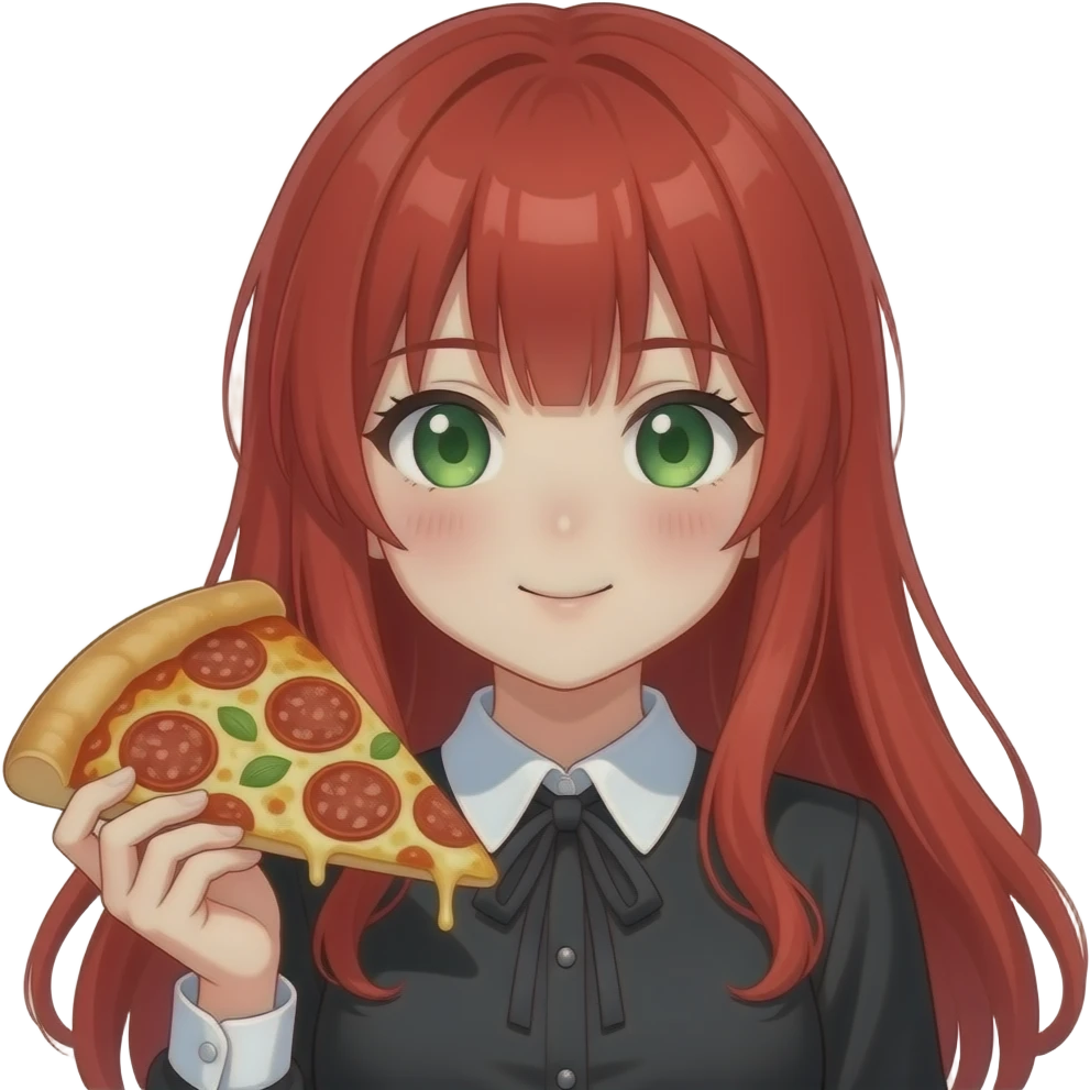 anime girl, holding pizza, red hair, green eyes, black blouse with white collar emoji