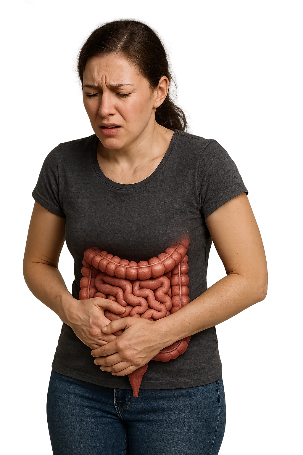 donna in piedi che si tiene la pancia con intestino umano anatomico e mal di pancia, iperrealistica 4k emoji