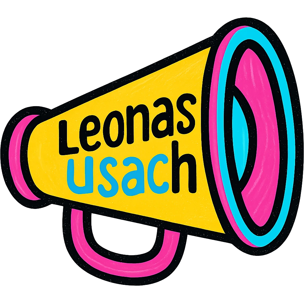 Change the text to 'Leonas Usach', maintaining the colorful and cheerful style with a transparent background. emoji