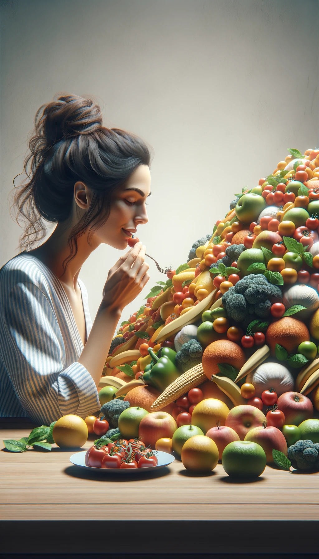 donna che mangia una montagna di frutta e verdura, SFONDO molto CHIARO NEUTRO, colori realistici, iperrealistico 4k emoji