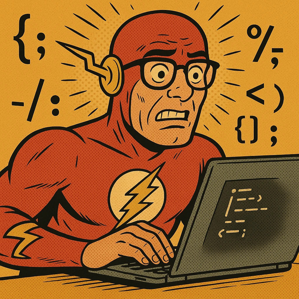 Make The Flash a nerdy programmer, add a laptop with code on the screen, and some code symbols around him, keep the old school comic book style. emoji