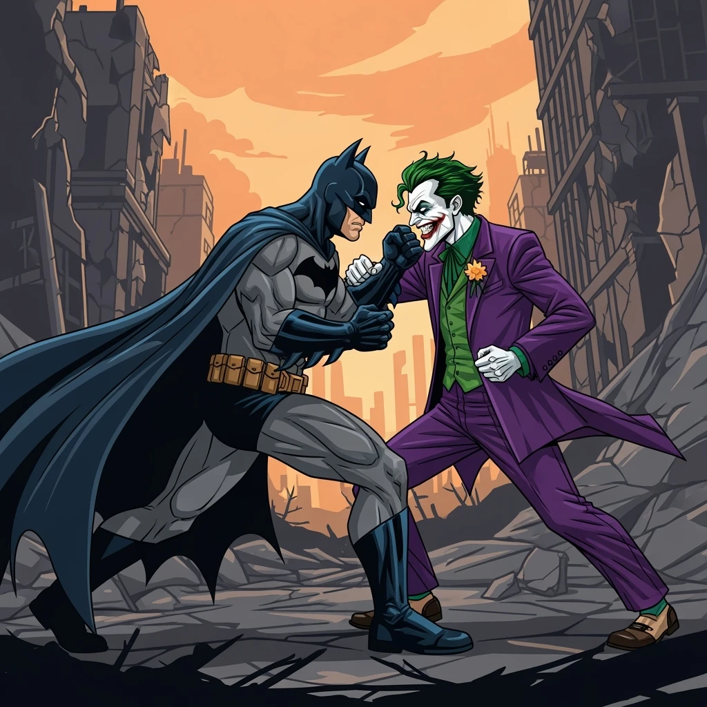 vector art of batman and joker, battleground background 
 emoji
