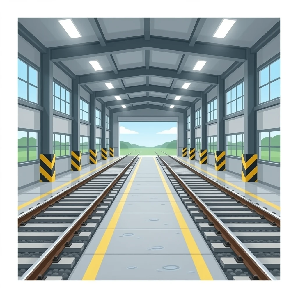 inside a train maintence depot, multiple tracks no trains, no rain emoji