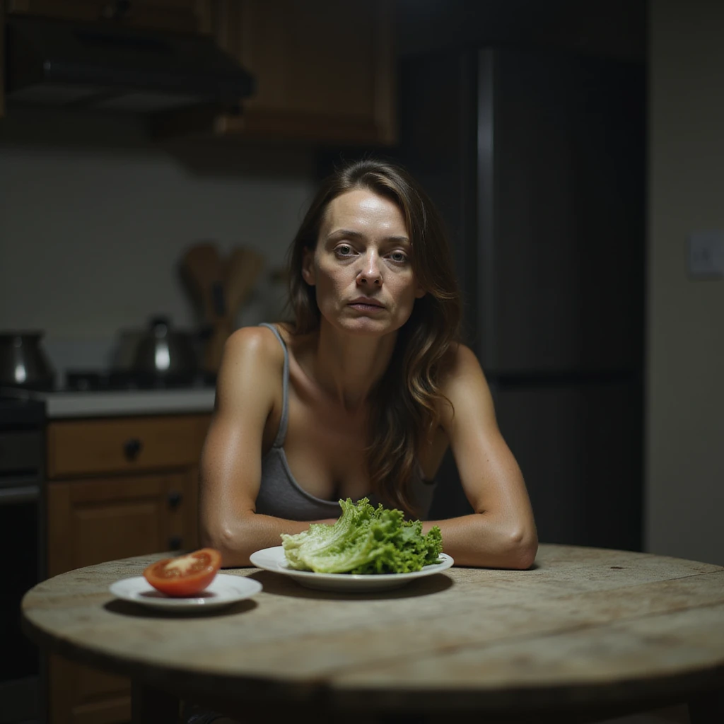 realistic style adult very thin woman sitting at kitchen table with only a lettuce leaf and a slice of tomato on a small plate in front of her, dull and sad expression, curved shoulders, cold lighting, atmosphere of deprivation emoji