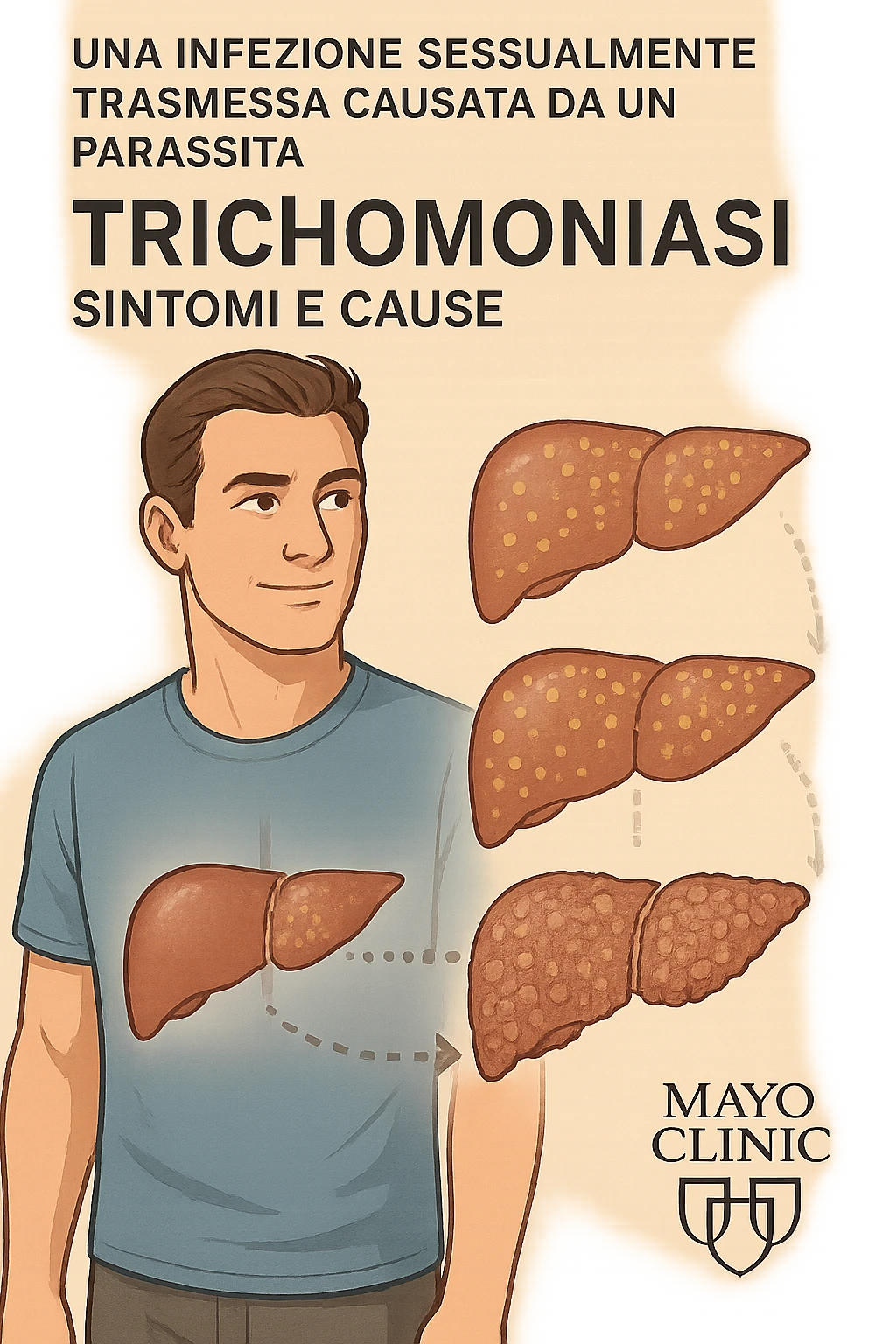 "Healthy-looking man unaware that liver disease develops slowly with most people having no symptoms until late stage A sexually transmitted infection caused by a parasite-Trichomoniasis - Symptoms & causes - Mayo Clinic, expression of false confidence in his health, transparent liver overlay showing progressive damage despite feeling normal, time-lapse visualization of gradual liver deterioration in italiano emoji