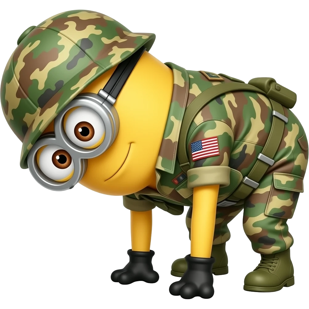 minion in army fatigues bend over here it comes again  text Bohica emoji