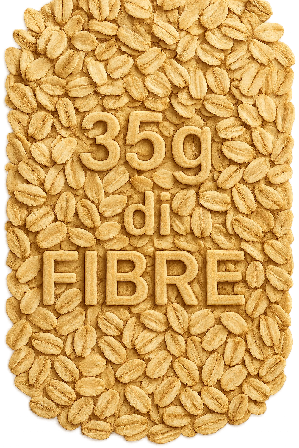 FIOCCHI DI AVENA VISTI DALL'ALTO E LA SCRITTA "35g di FIBRE" IN RILIEVO, IPERREALISTICO 4K emoji