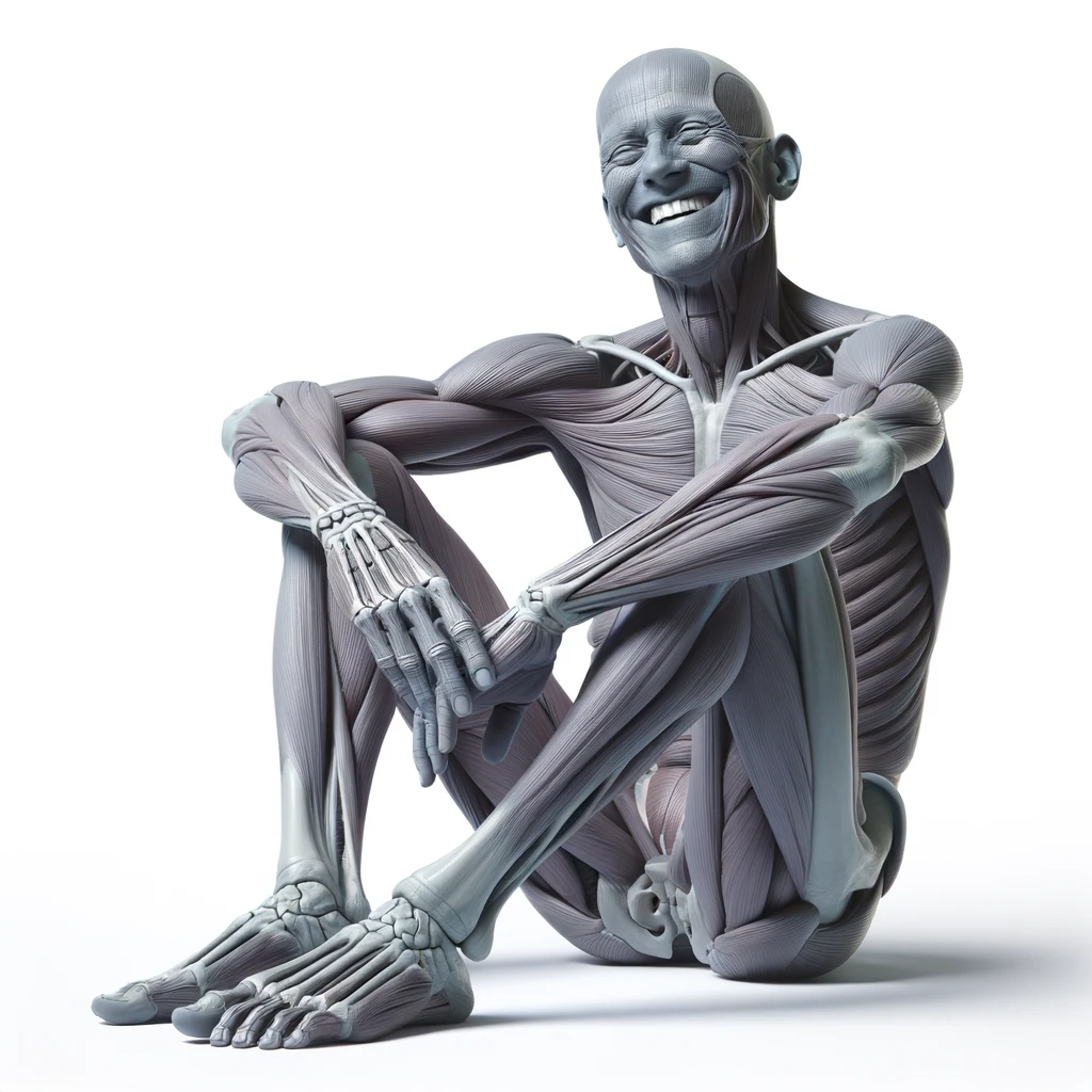 corpo umano anatomico a figura intera che sorride rilassato, iperrealistico 4k, isolato su sfondo bianco emoji