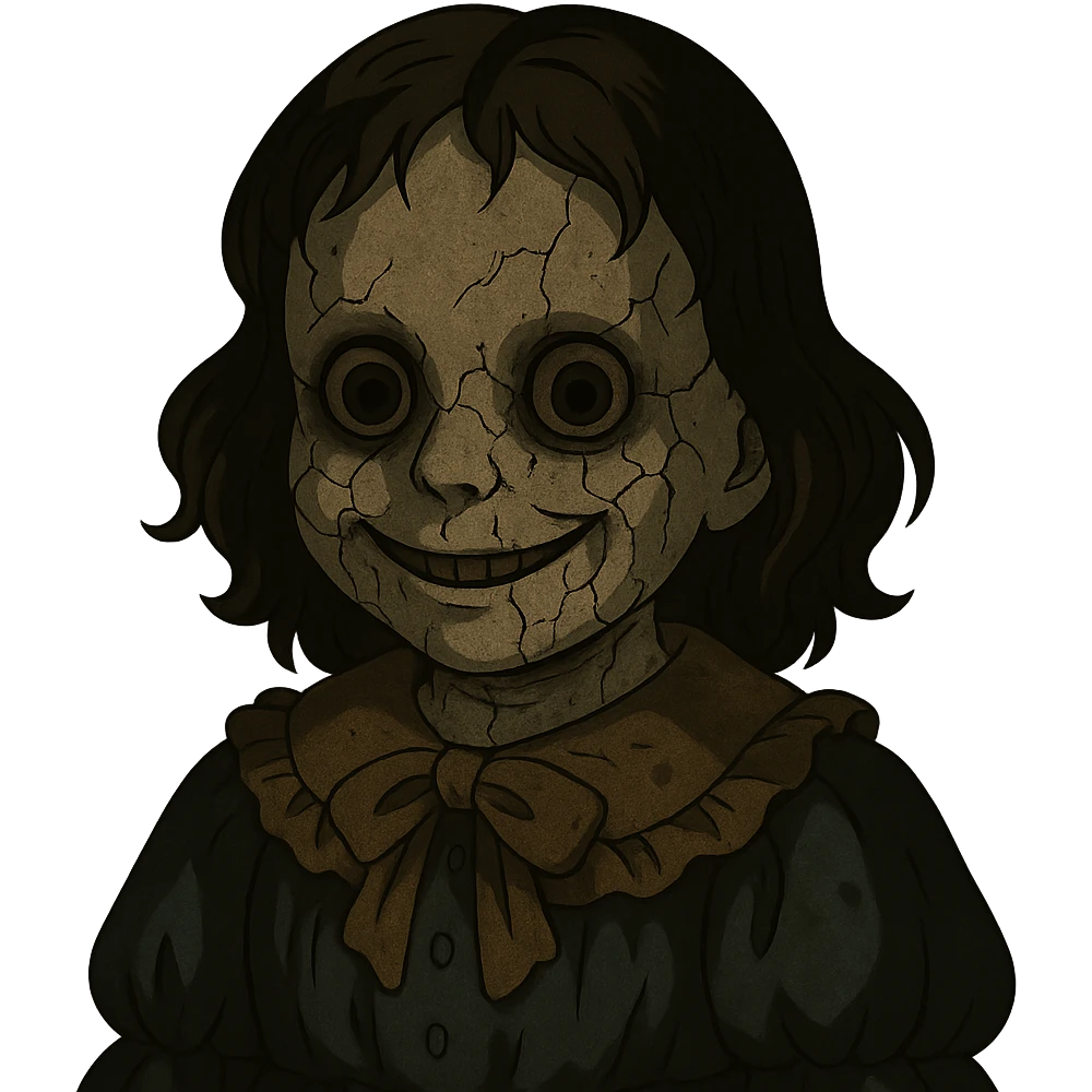 creepy doll with cracked porcelain face, unsettling smile, dim lighting, horror vibe emoji