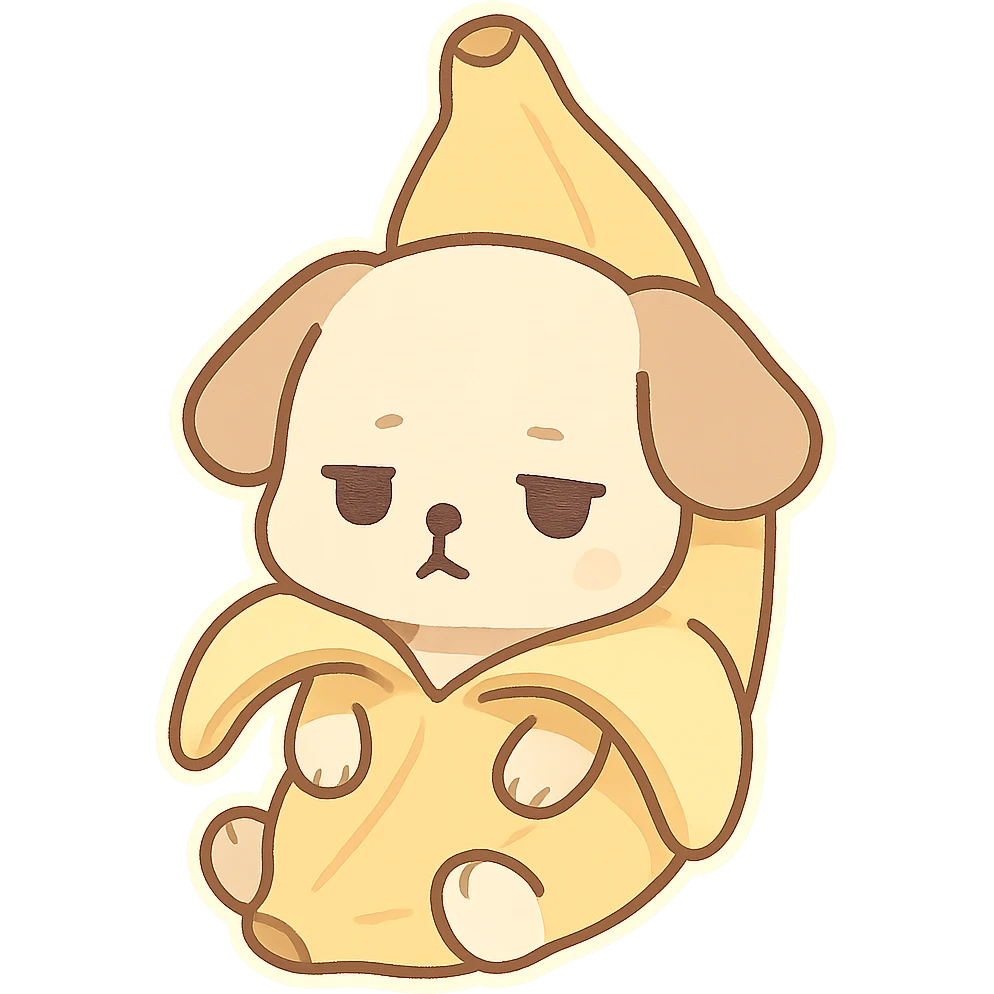 A cute puppy dressed as a banana with a dull expression emoji