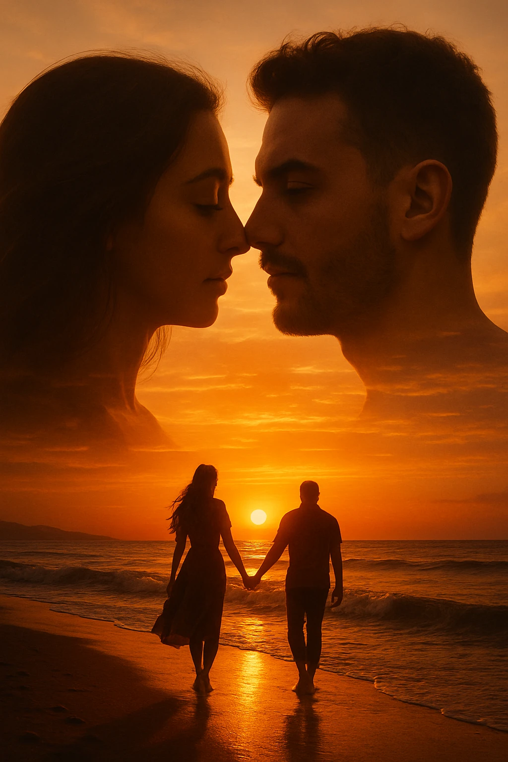 Una doppia esposizione cinematografica di noi di profilo, con un paesaggio di spiaggia al tramonto integrato nella silhouette.
La scena interna ci mostra entrambi camminare sulla sabbia bagnata, tenendoci per mano, con le onde del mare che si infrangono è facile e un cielo colorato dagli ultimi raggi di sole. Atmosfera calda e intima, toni dorati arancioni, dettagli fini ed espressivi, risoluzione 8K. emoji