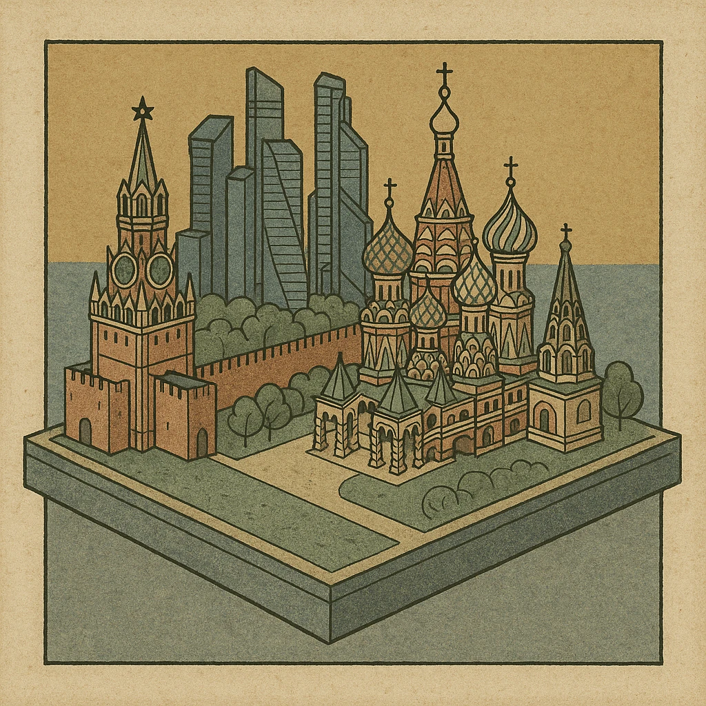 Изометричная миниатюрная 3D модель Москвы на подставке - фотореалистичный Кремль, собор Василия Блаженного, Сити, аккуратная детализация, яркие цвета мультяшный реализм, компактная композиция,  вид сверху в изометрии emoji