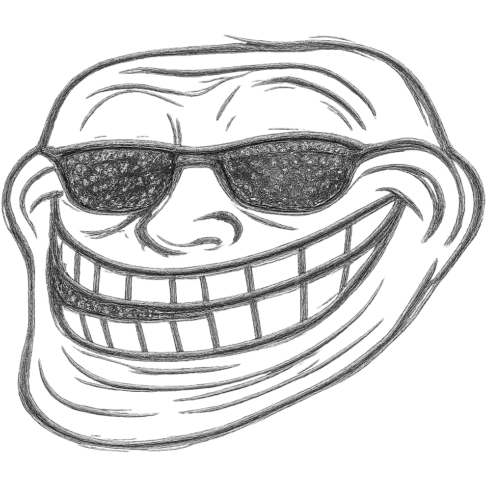 Add cool black sunglasses to the troll face while keeping the mischievous grin and maintaining the meme style. Transparent background. emoji