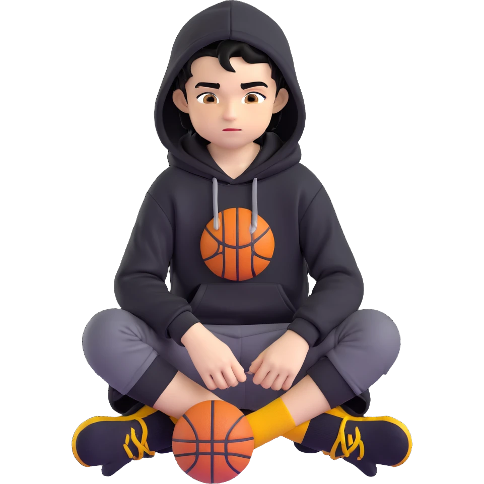 boy kid sitting cross-legged, black hoodie with hood off, smirking, black crew socks, messy black hair, black basketball shorts, yellow skin emoji