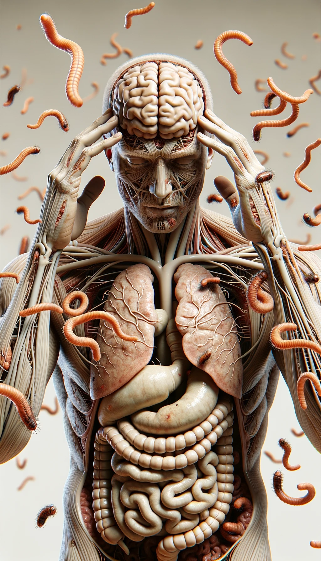 CORPO UMANO ANATOMICO CON MANI SULLE TEMPIE STRESSATO, INTORNO A LUI FLUTTUANO PARASSITI COME LA TENIA, INTESTINO E CERVELLO ANATOMICI IN EVIDENZA, SFONDO CHIARO NEUTRO, IPERREALISTICO 4K emoji