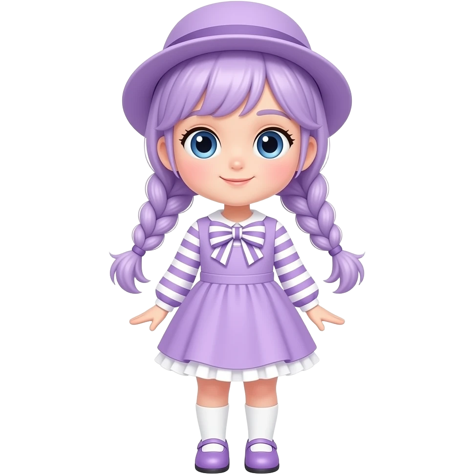 A girl with pale purple hair tied in two braids, and blue eyes and wearing a pale purple dress with pale purple and white striped sleeves, a pale purple and white striped skirt with a pale purple frill, a pale purple and white striped bow, a pale purple hat, white socks and pale purple shoes. emoji