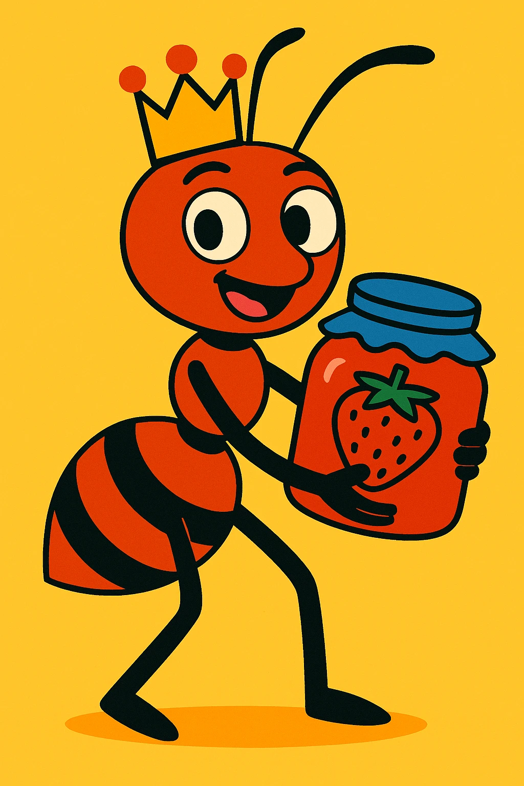 cool ant wearing a crown, holding a jar of strawberry jam, vibrant and expressive emoji