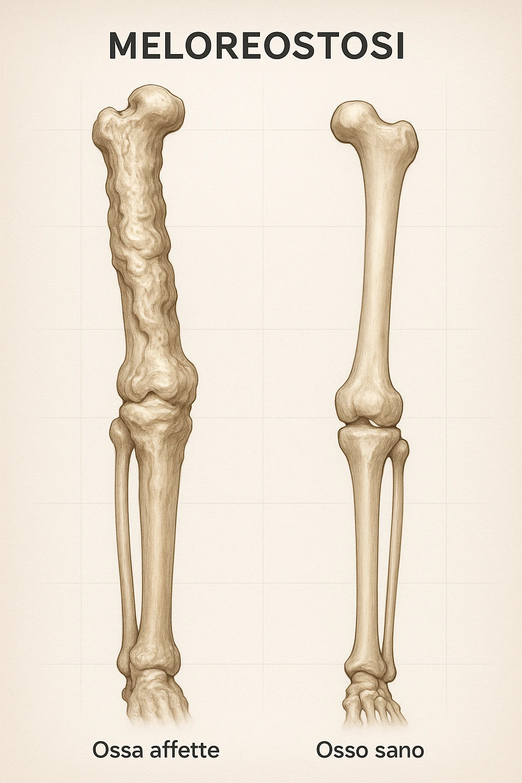 A highly realistic medical illustration focusing on a human arm and leg bones affected by melorheostosis. The bones appear visibly thickened, irregular, and larger than normal, with clear, layered bone growth resembling melted wax dripping down the side of the bones. The image shows a side-by-side comparison with a healthy bone for clarity, highlighting the difference in size and texture. The color palette includes neutral bone colors with subtle shading to show the abnormal contours and ridges. The background is clean and minimalistic, with faint anatomical grid lines for a scientific, educational feel. The overall mood is informative and precise, conveying the key visual characteristic of melorheostosis: progressive bone thickening that makes bones visibly larger and irregular. in italiano emoji