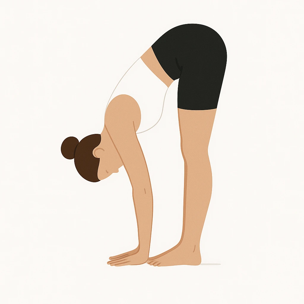"Minimalist flat vector illustration of a woman doing yoga in forward fold pose (Uttanasana), wearing sportswear (white top and black shorts), brown hair in a bun, clean white background, no face details, elegant style" emoji