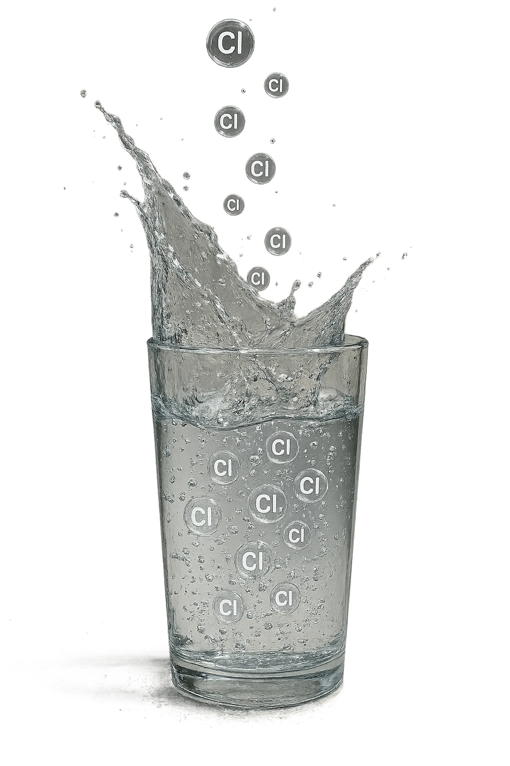un bicchiere di acqua cade verticalmente dall'alto realistico e dettagliato, dentro l'acqua del bicchiere ci sono particelle di cloro ben visibili con la scritta "Cl" sopra, ci sono particelle anche che escono dal bicchiere e fluttuano in aria verticalmente, mentre alcune sono all'interno dell'acqua nel bicchiere, iperrealistico 4k emoji