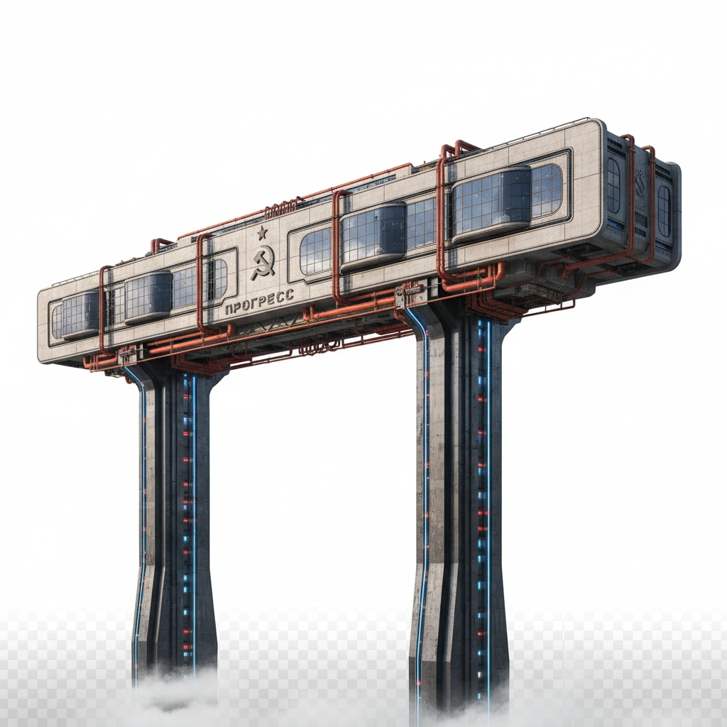 Удлиненная панелька в стиле ретро-футуризма конструктивизма, если бы ее строили в позднем СССР в 2025 году. Стоит на двух высоких небоскребах, которые как опоры держат ее на себе.

Фотореализм. Абсолютно прозрачный фон emoji