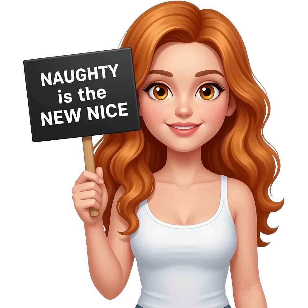 sexy girl with long wavy ginger hair and ginger eyes wearing a white tanktop is holding a black colored sign with NAUGHTY is the NEW NICE written on it emoji