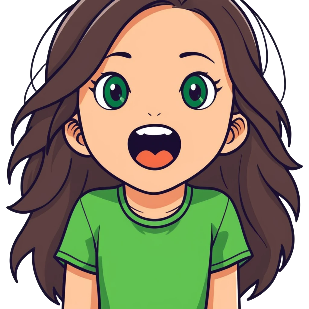 white girl, long brunette hair, green eyes screams with delight emoji