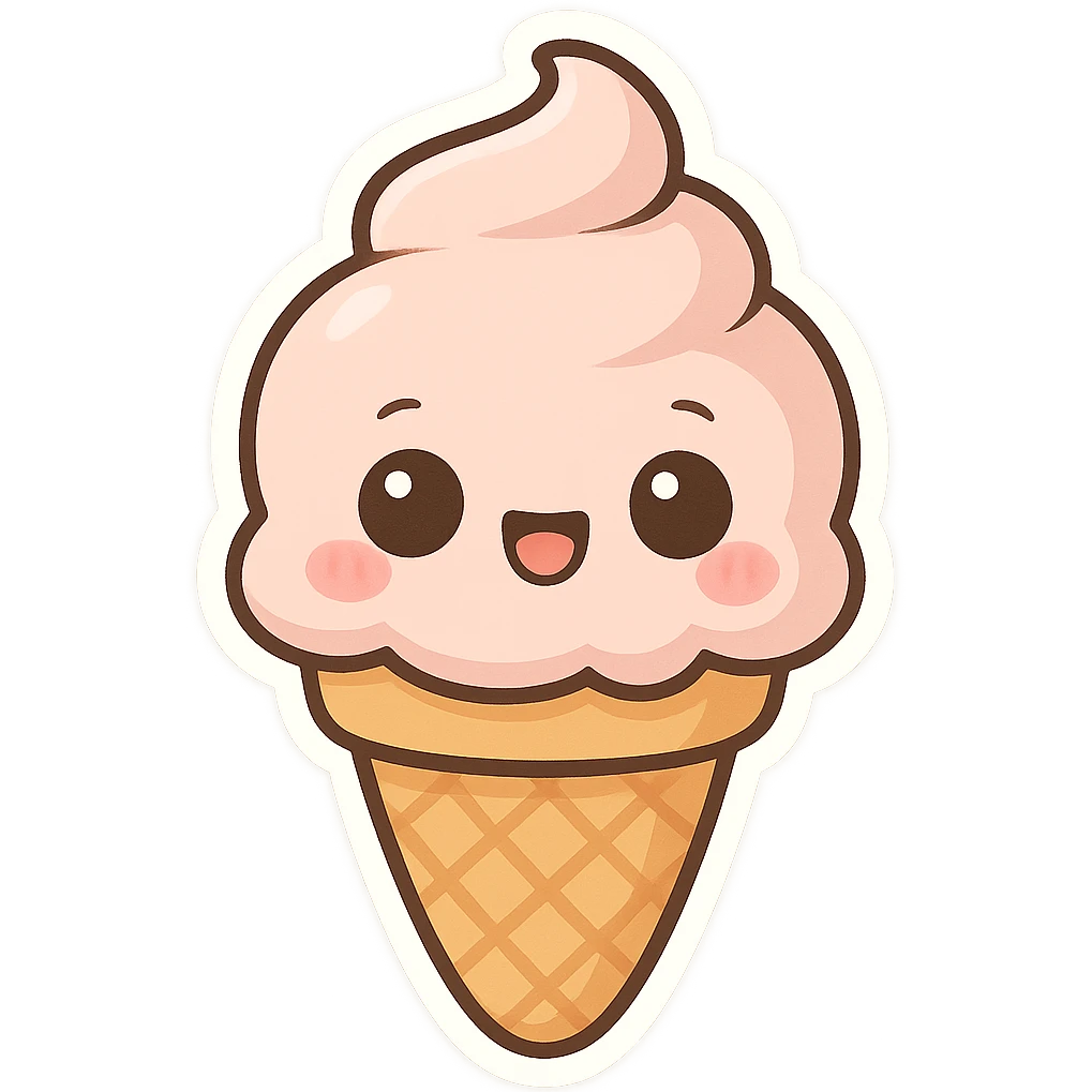 chibi sticker-style ice cream cone with a smiling face, cute and exaggerated emoji
