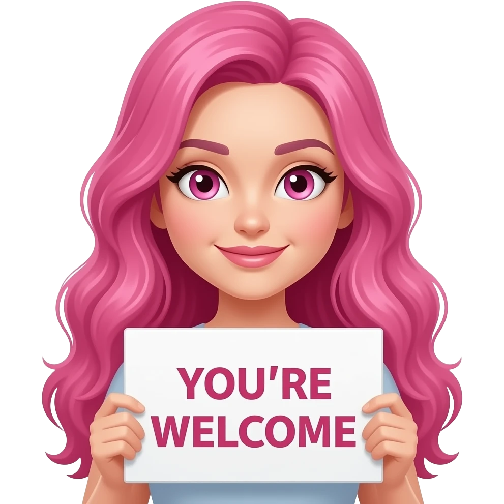 sexy girl with long pink hair and pink eyes holding a YOU'RE WELCOME sign emoji