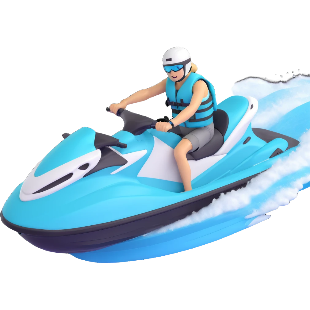 white and turquoise jet ski with a person in a life jacket angled perspective action pose emoji