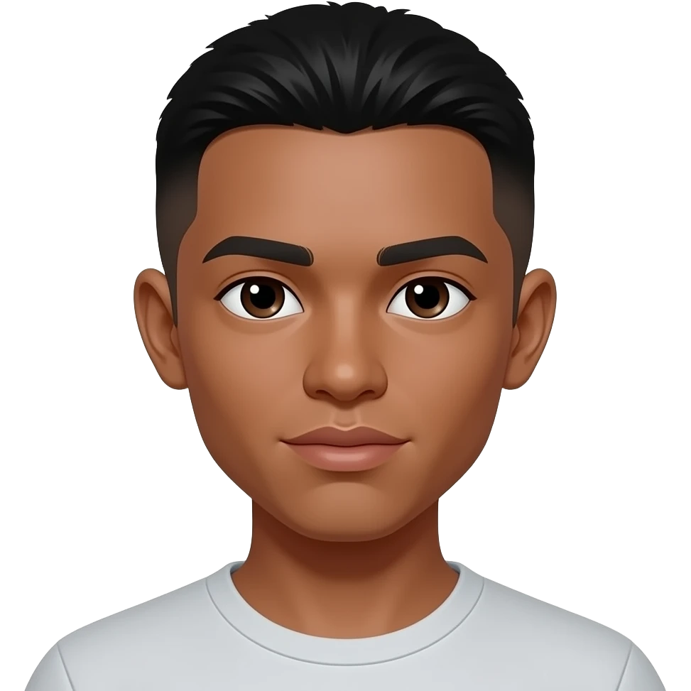 very dark skin, asain eyes, male, staight fade haircut, thick lips, flat botton nose, teenager emoji