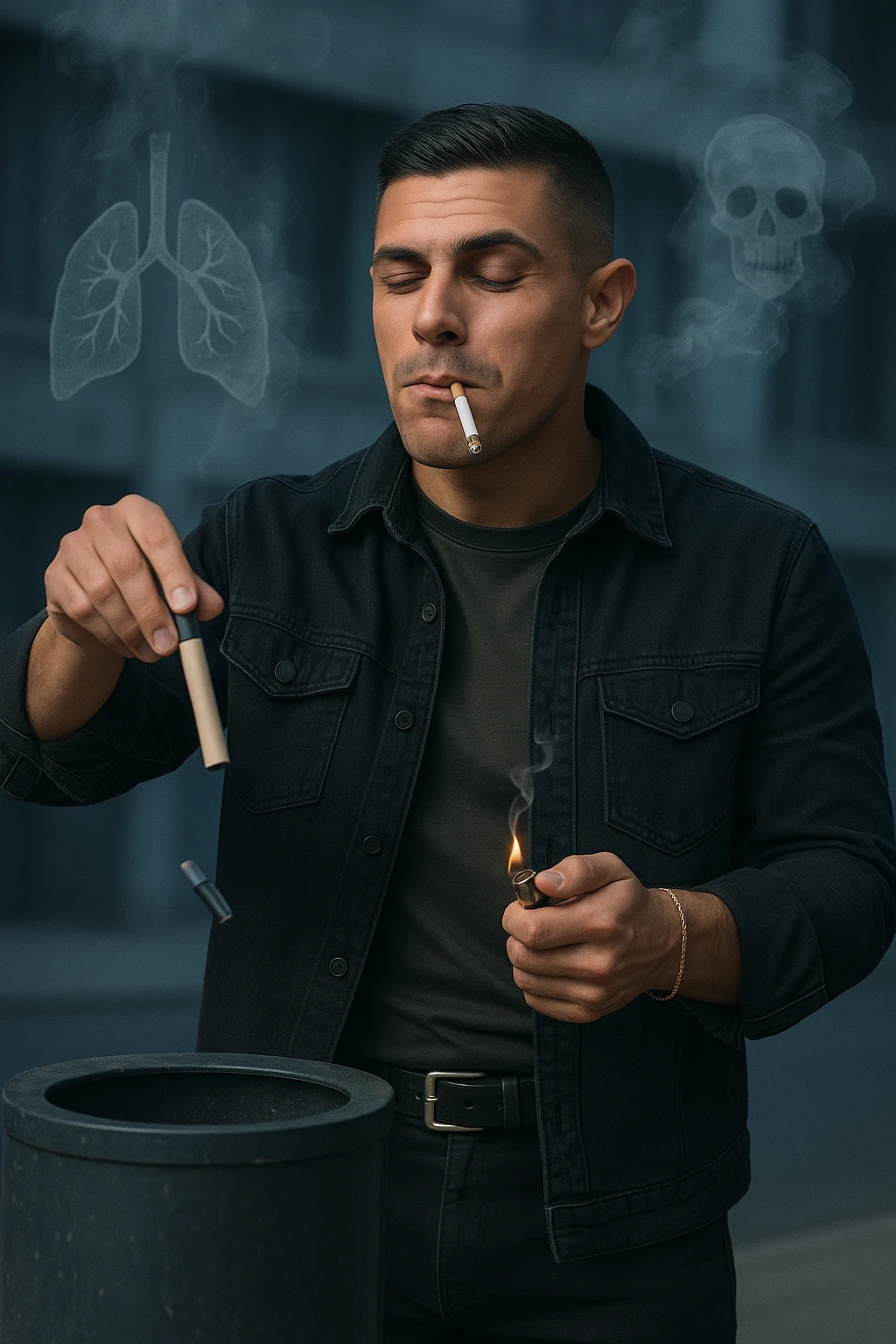 Adult man in casual clothes, inspired by the face in the reference photo, throwing an electronic cigarette into a trash bin while lighting a traditional cigarette with the other hand. Satisfied but unaware expression. In the background, light symbols of smoke and health damage manifesting from both cigarettes. Urban atmosphere, cold light, critical or reflective tone. Realistic style with symbolic accents. emoji