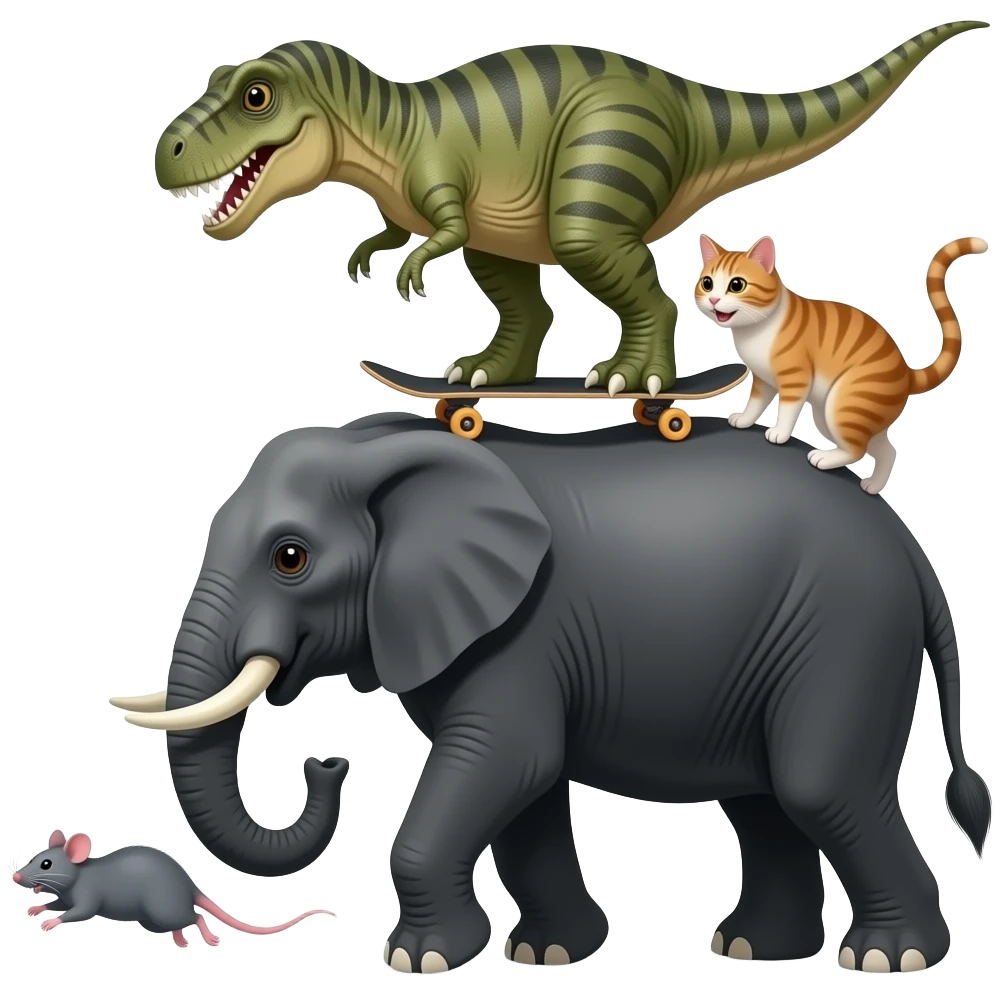Dinosaur on a skateboard and standing on the  black color elephant and cat is coming from behind rat is jumping on the front emoji