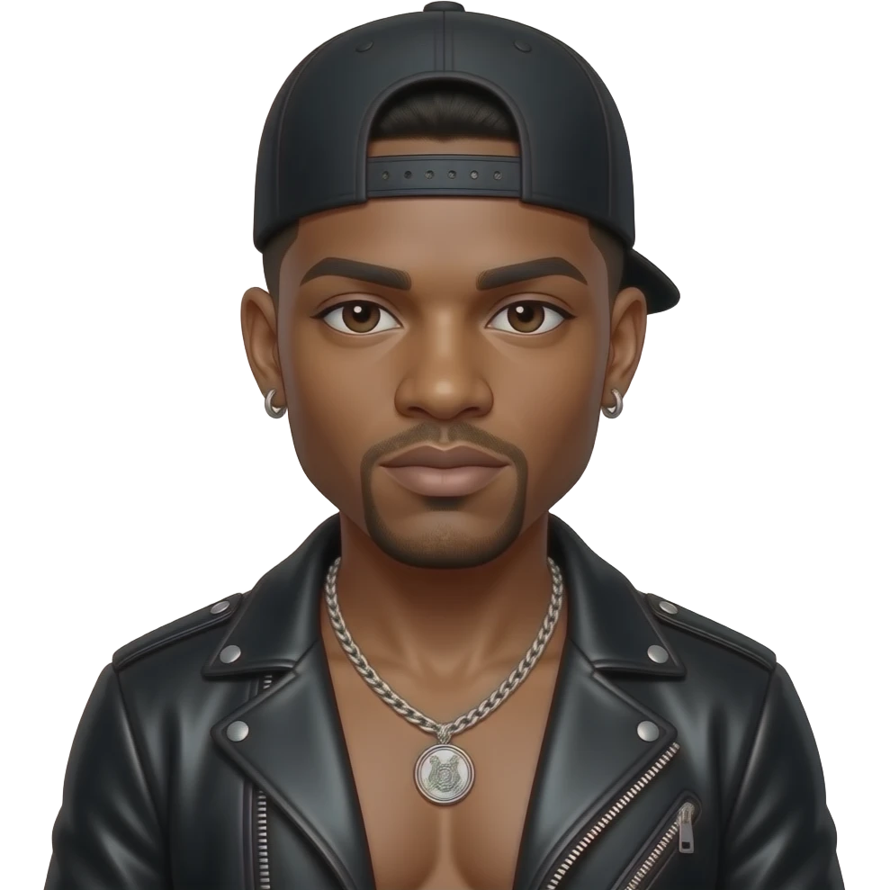 K-Ci from Jodeci with dark brown eyes, black short fade hair, black cap, black metallic jacket, shirtless necklace and earrings emoji