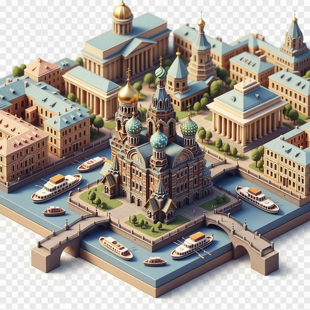 Isometric illustration of Saint Petersburg with the Church of the Savior on Spilled Blood and canals, toy boats and bridges, in pastel miniature diorama style, transparent background emoji