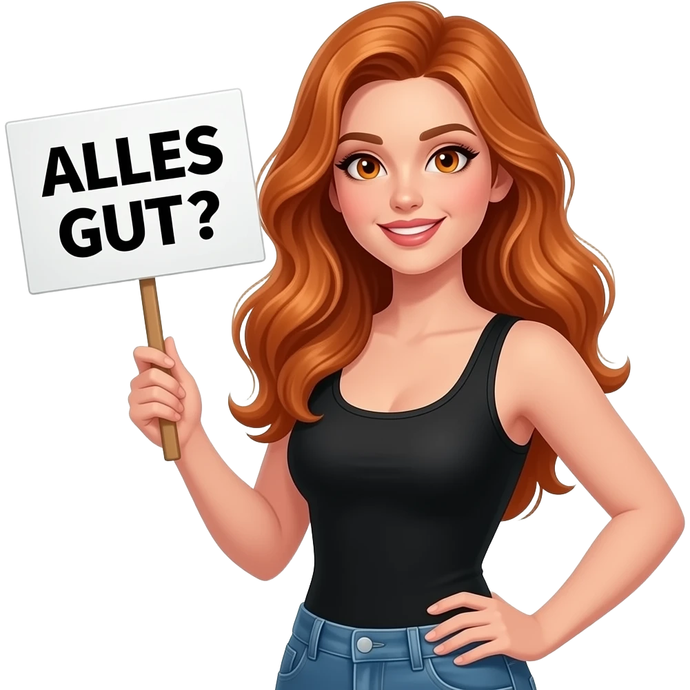 sexy girl with long wavy ginger hair and ginger eyes wearing a black tanktop is holding a white colored sign with ALLES GUT? written on it emoji