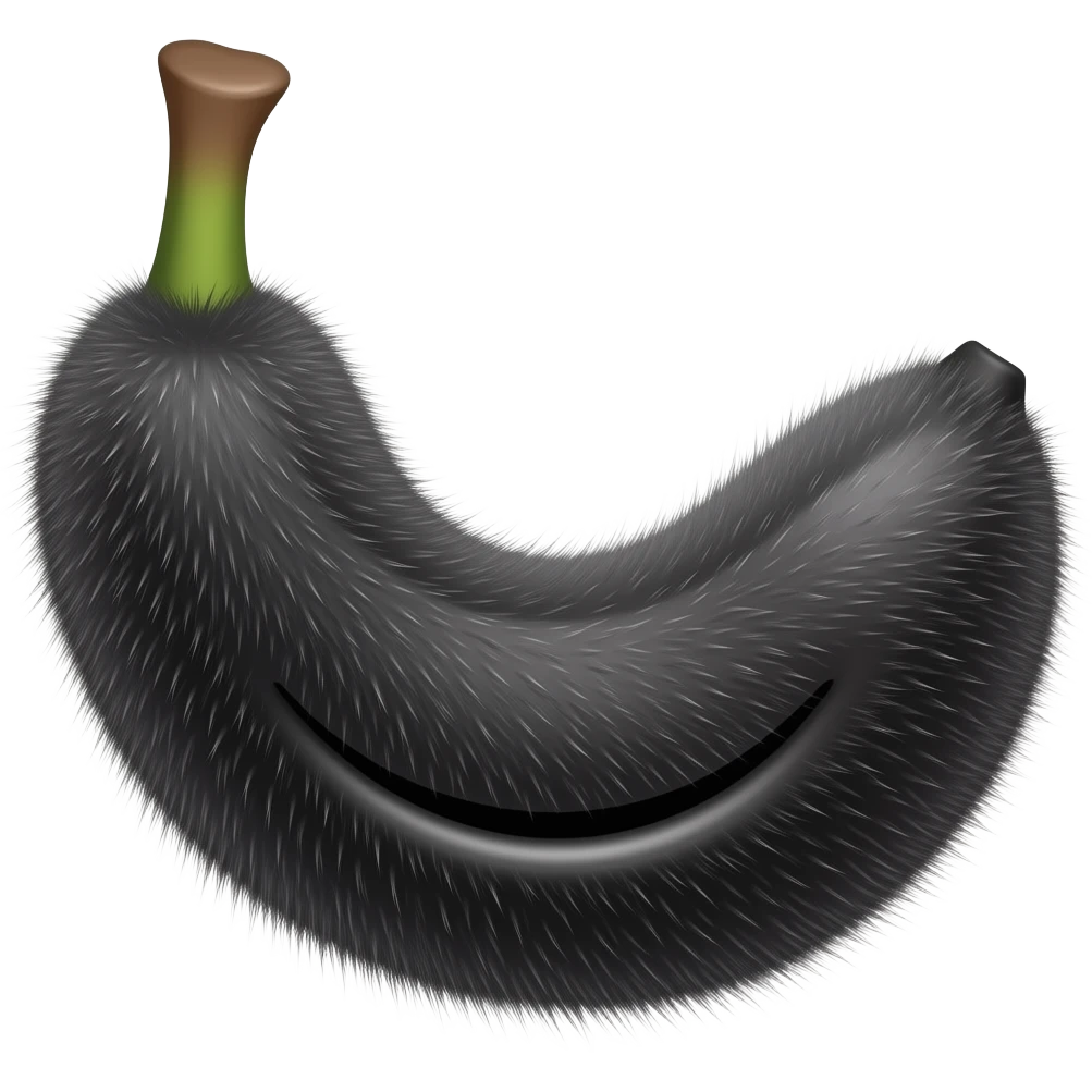 This emoji depicts a smiling, very hairy black banana, the banana being thickly and abundantly covered in animal hair. emoji