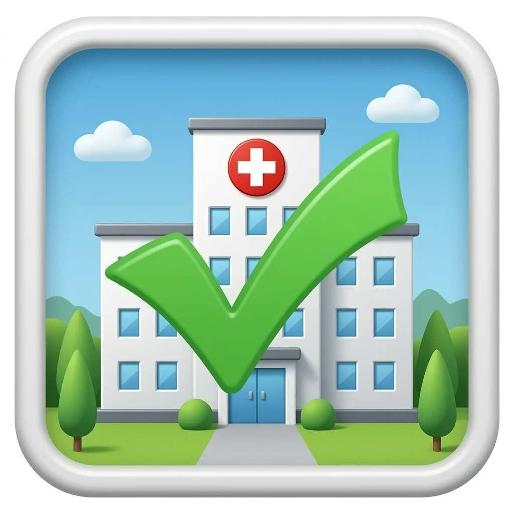 Emoji del edificio de un hospital de fondo y un tick verde encima (sobrepuesto) emoji