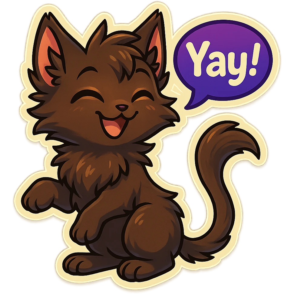 a dark-brown fluffy cute kawaii anthropomorphic furry anime cat-furry with tufted ears, golden eyes, and a long thin tufted tail, happy, grinning, closed eyes, pleased expression, saying “Yay~!..” with a purple speech bubble, (cartoon style) (cute anime style) (furry style) (deviantArt style) (artist style: Kamirah) emoji